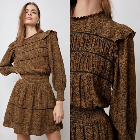 NWT Rails Faren Long Sleeve Ruffle Mini Dress In Sepia Python Size Medium - Picture 3 of 7